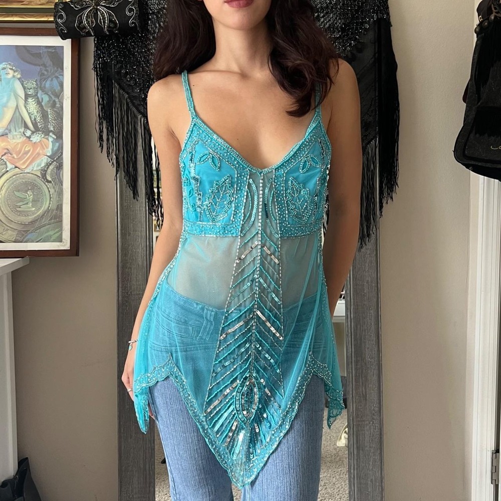 Teal Blue Beaded Fairy Tank Top Sequin Mesh Handkerchief Hem Y2K Festival Small